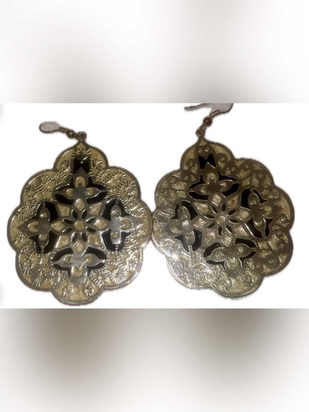 Aldo Filigree Dangle Earrings Cream Black Silver Statement Boho Elegant